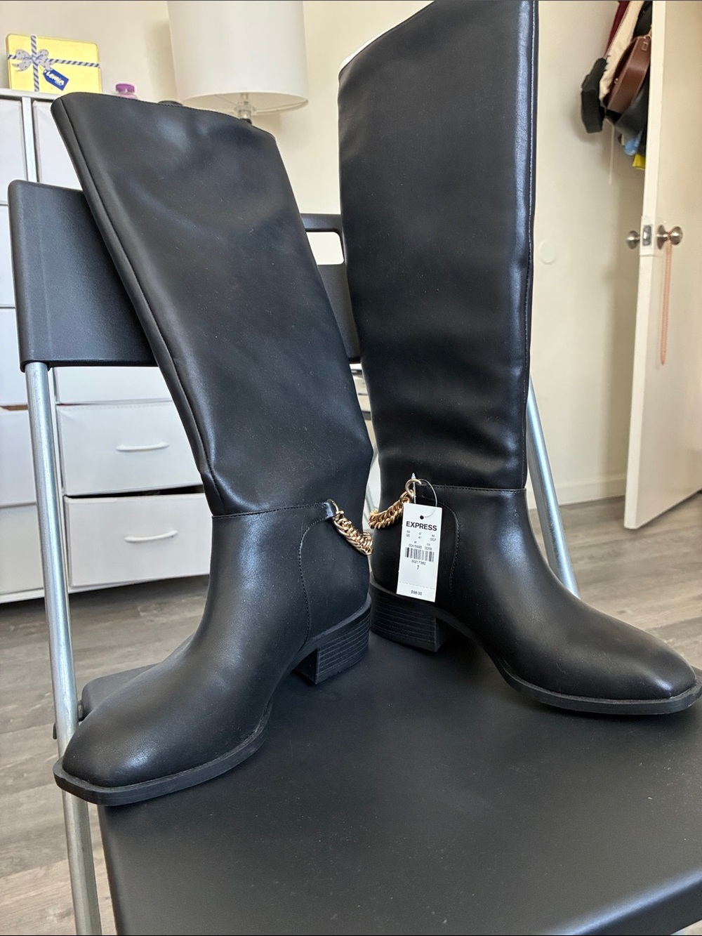 Express Black Over-the-Knee Boots with Gold Chain Accent